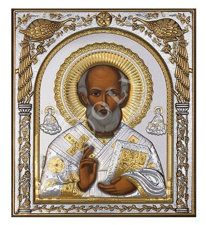 Saint Nicholas icon, Handmade Silver 999 Greek Orthodox St Nick icon, Byzantine art wall hanging wood plaque icon, religious icon home decor - TheHolyArt