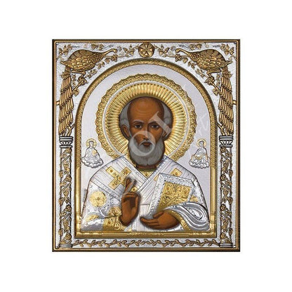 Saint Nicholas icon, Handmade Silver 999 Greek Orthodox St Nick icon, Byzantine art wall hanging wood plaque icon, religious icon home decor - TheHolyArt