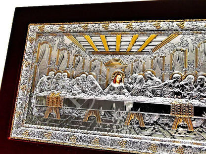 The Last Supper icon, Handmade Silver 999 Greek Orthodox icon, Byzantine art wall hanging on wood plaque icon, religious icon home decor - TheHolyArt