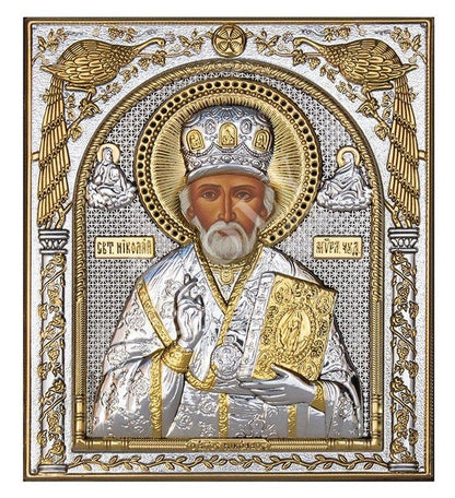 Saint Nicholas icon, Handmade Silver 999 Greek Orthodox St Nick icon, Byzantine art wall hanging wood plaque icon, religious icon home decor - TheHolyArt