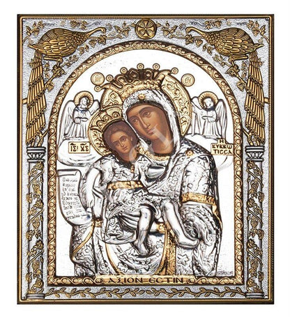 Virgin Mary icon Panagia Axion Esti, Handmade Silver 999 Greek Orthodox icon, Byzantine art wall hanging on wood plaque religious icon gift - TheHolyArt
