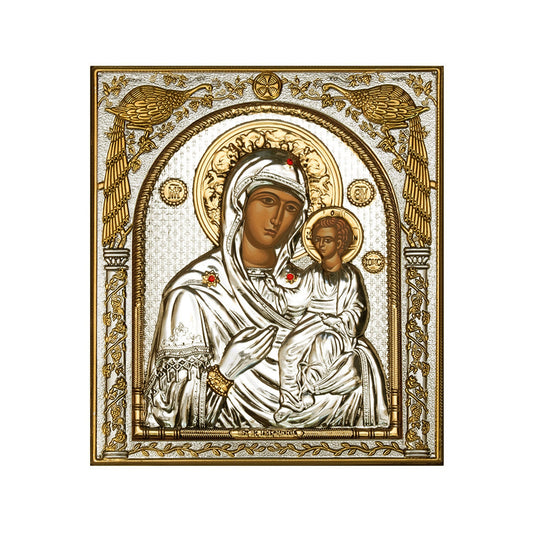 Virgin Mary icon Panagia Hodegetria, Handmade Silver 999 Greek Orthodox icon, Byzantine art wall hanging on wood plaque religious icon gift