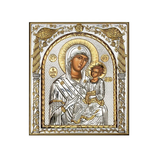 Virgin Mary icon Panagia Giatrissa, Handmade Silver 999 Greek Orthodox icon, Byzantine art wall hanging on wood plaque religious icon gift