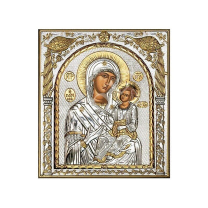 Virgin Mary icon Panagia Giatrissa, Handmade Silver 999 Greek Orthodox icon, Byzantine art wall hanging on wood plaque religious icon gift - TheHolyArt