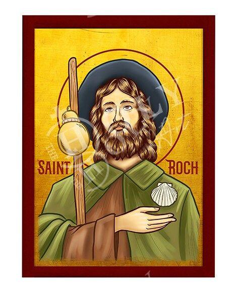 Saint Roch icon, Handmade Greek Catholic icon St Rocco, Religious Byzantine art wall hanging on wood plaque icon, religious gift