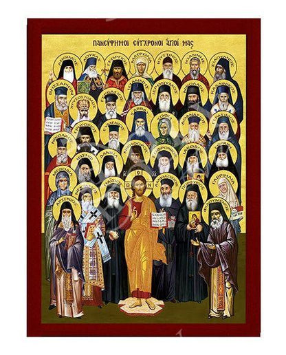 Synaxis of Modern Saints icon, Handmade Greek Orthodox icon of Modern Saints Byzantine art wall hanging on wood plaque icon, religious decor - TheHolyArt