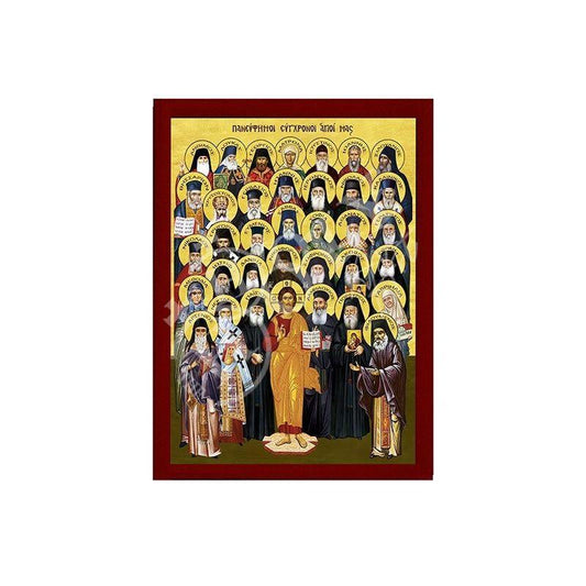 Synaxis of Modern Saints icon, Handmade Greek Orthodox icon of Modern Saints Byzantine art wall hanging on wood plaque icon, religious decor