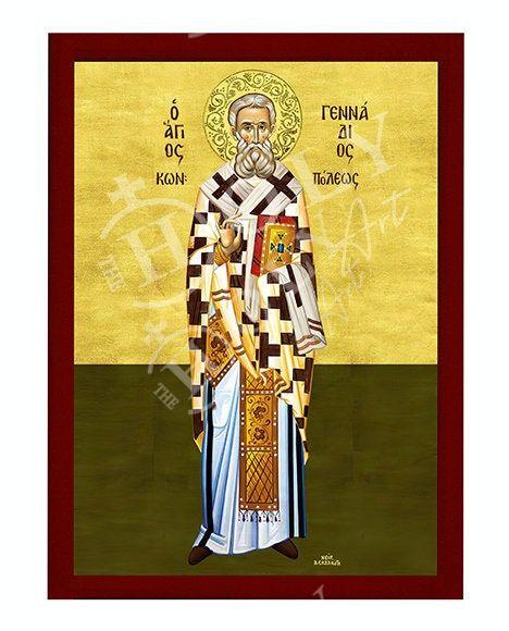 Saint Gennadius icon, Handmade Greek Orthodox icon of St Gennadius of Constantinople, Byzantine art wall hanging plaque, religious gift