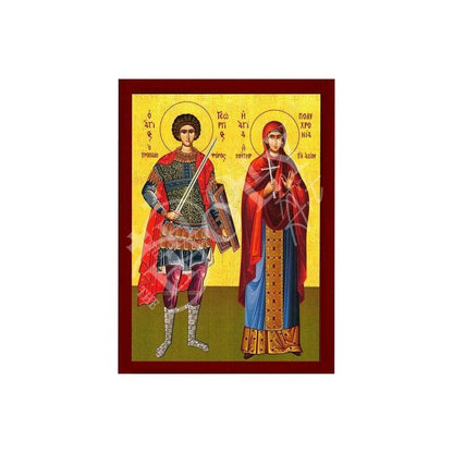 Saint George & Polychronia icon, Handmade Greek Orthodox icon of St George, Byzantine art wall hanging icon wood plaque, religious decor - TheHolyArt