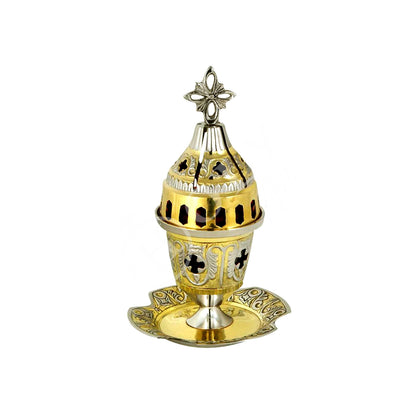 Christian Brass Table Oil Vigil Lamp with Cross, Metal Hand-painted Prayer Standing Oil Lamp, Orthodox Oil Candle with glass cup, religious - TheHolyArt