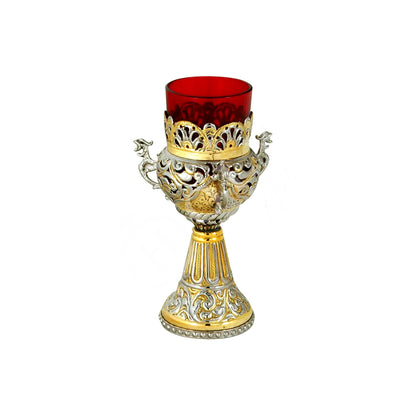 Christian Brass Table Oil Vigil Lamp with Cross, Hand-painted Prayer Standing Oil Lamp, Orthodox Oil Candle with glass cup, religious decor - TheHolyArt