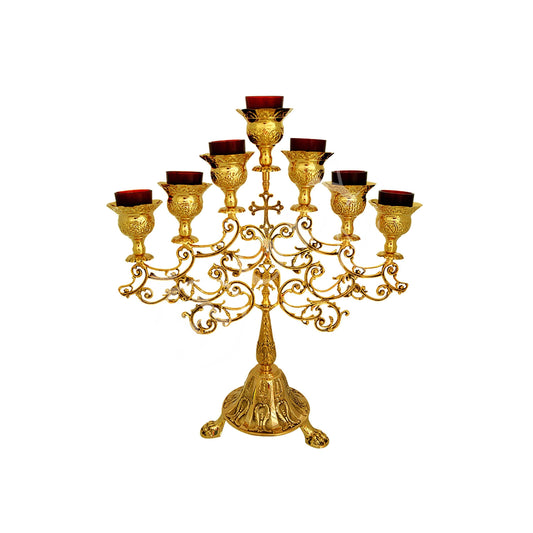 Christian Gold Plated Holy Altar 7-Vigil Oil Lamp Cross Candelabrum Prayer Standing Oil Lamp Religious Orthodox Oil Candle with glass cup