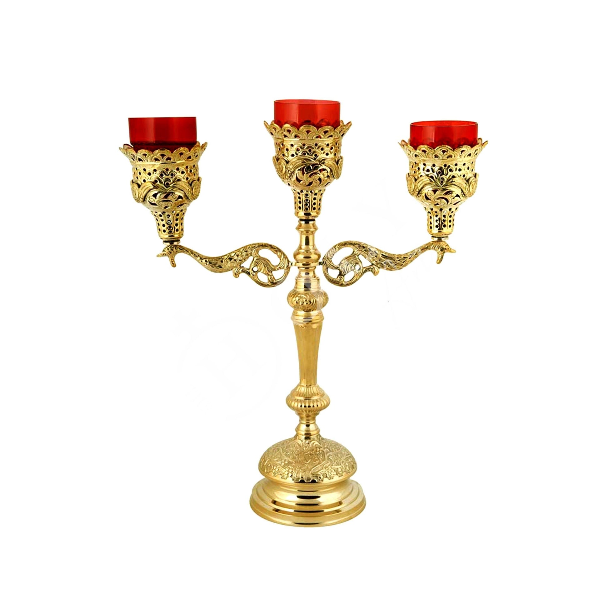 Christian Gold Plated Holy Altar 3-Vigil Oil Lamp Cross Candelabrum Prayer Standing Oil Lamp Religious Orthodox Oil Candle with glass cup