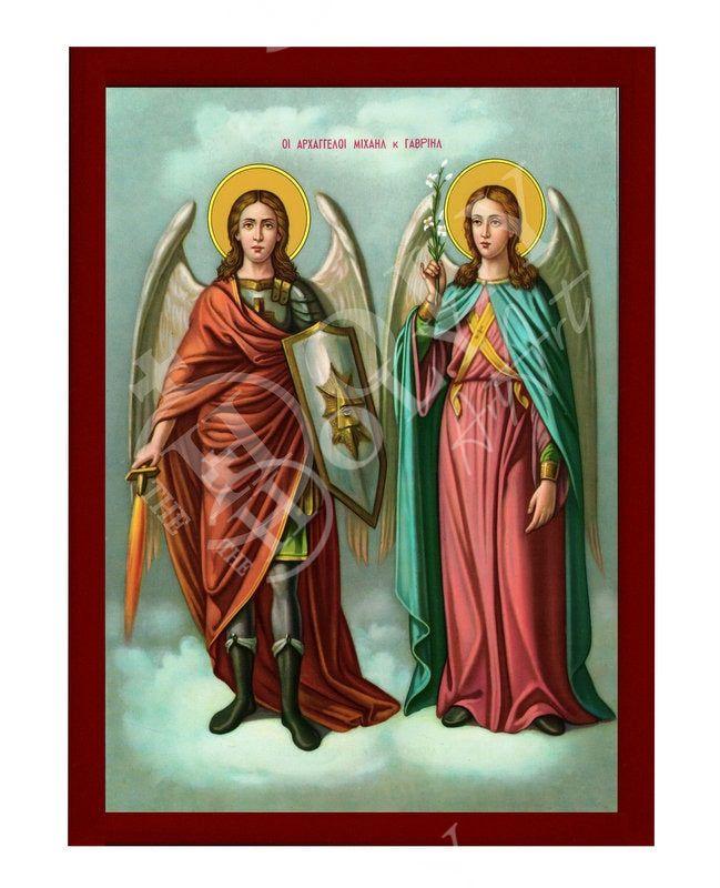 Archangel Michael & Archangel Gabriel icon, Byzantine art wall hanging, Greek Catholic Orthodox icon Taxiarxes wood plaque religious gift