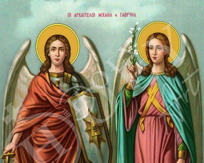Archangel Michael & Archangel Gabriel icon, Byzantine art wall hanging, Greek Catholic Orthodox icon Taxiarxes wood plaque religious gift - TheHolyArt