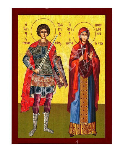 Saint George & Polychronia icon, Handmade Greek Orthodox icon of St George, Byzantine art wall hanging icon wood plaque, religious decor - TheHolyArt