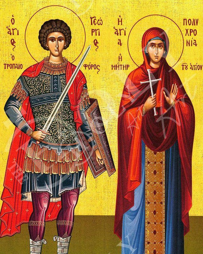Saint George & Polychronia icon, Handmade Greek Orthodox icon of St George, Byzantine art wall hanging icon wood plaque, religious decor - TheHolyArt