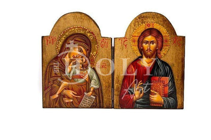 Custom Iconostasis Diptych Jesus Christ Life Giver & Virgin Mary icon Greek Handmade Mount Athos religious Orthodox icon Byzantine altar - TheHolyArt
