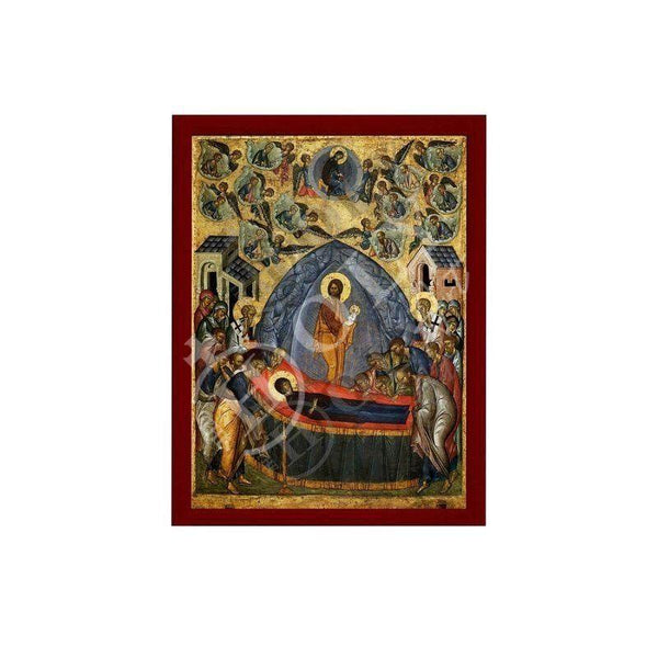 Dormition of the Virgin Mary handmade Greek Orthodox icon, Byzantine art wall plaque