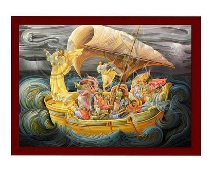 Jesus Christ Calming the Storm icon, Handmade Greek Orthodox icon of our Lord Byzantine religious art wall hanging on wood plaque - TheHolyArt
