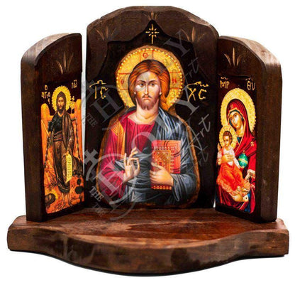 Christian Iconostasis with Jesus Christ St John Forerunner Virgin Mary Handmade Mount Athos wooden Altar Orthodox Icon religious plaque gift - TheHolyArt