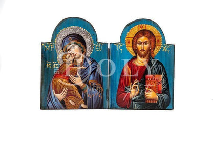 Custom Iconostasis Diptych Jesus Christ Life Giver & Virgin Mary icon Greek Handmade Mount Athos religious Orthodox icon Byzantine altar - TheHolyArt