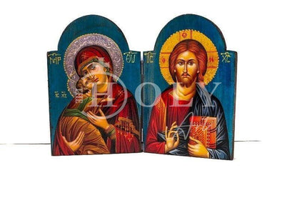 Custom Iconostasis Diptych Jesus Christ Life Giver & Virgin Mary icon Greek Handmade Mount Athos religious Orthodox icon Byzantine altar - TheHolyArt