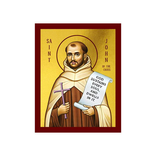 Saint John of the Cross icon, handmade lithography on wood plaque, Carmelite mystic holding a scroll
