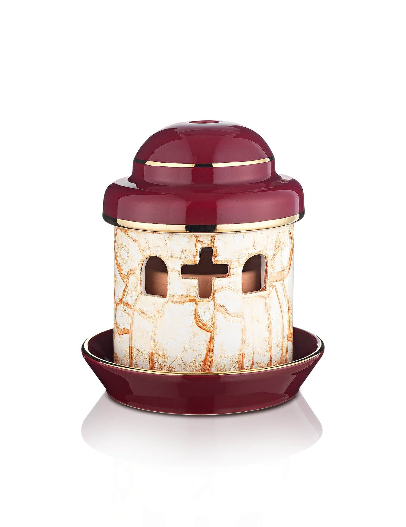 Porcelain burgundy vigil lamp Church design – front view | TheHolyArt
