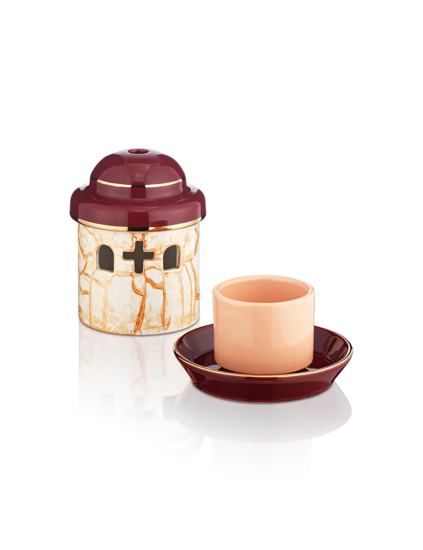 Porcelain burgundy vigil lamp Church – detail view | TheHolyArt