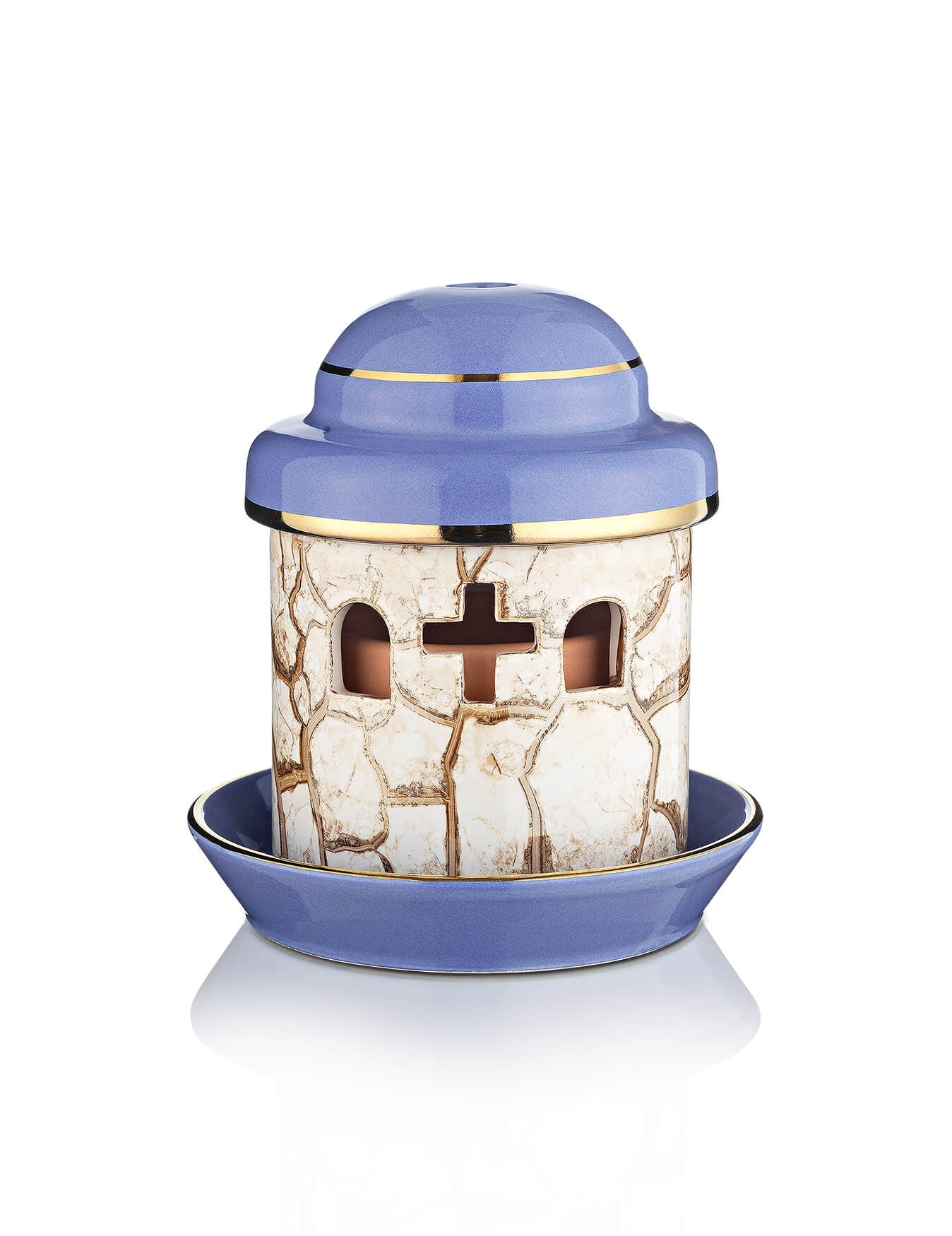 Porcelain light blue vigil lamp Church design – front view | TheHolyArt