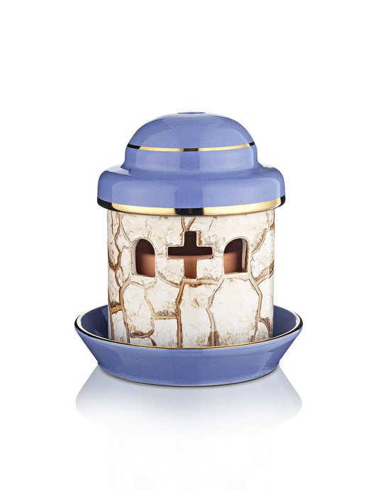 Porcelain light blue vigil lamp Church design – front view | TheHolyArt