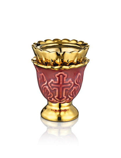 Russian red vigil lamp with Cross design – front view | TheHolyArt