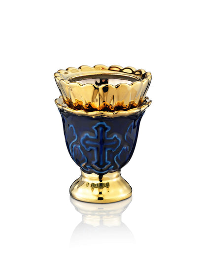 Russian blue vigil lamp with Cross design – front view | TheHolyArt