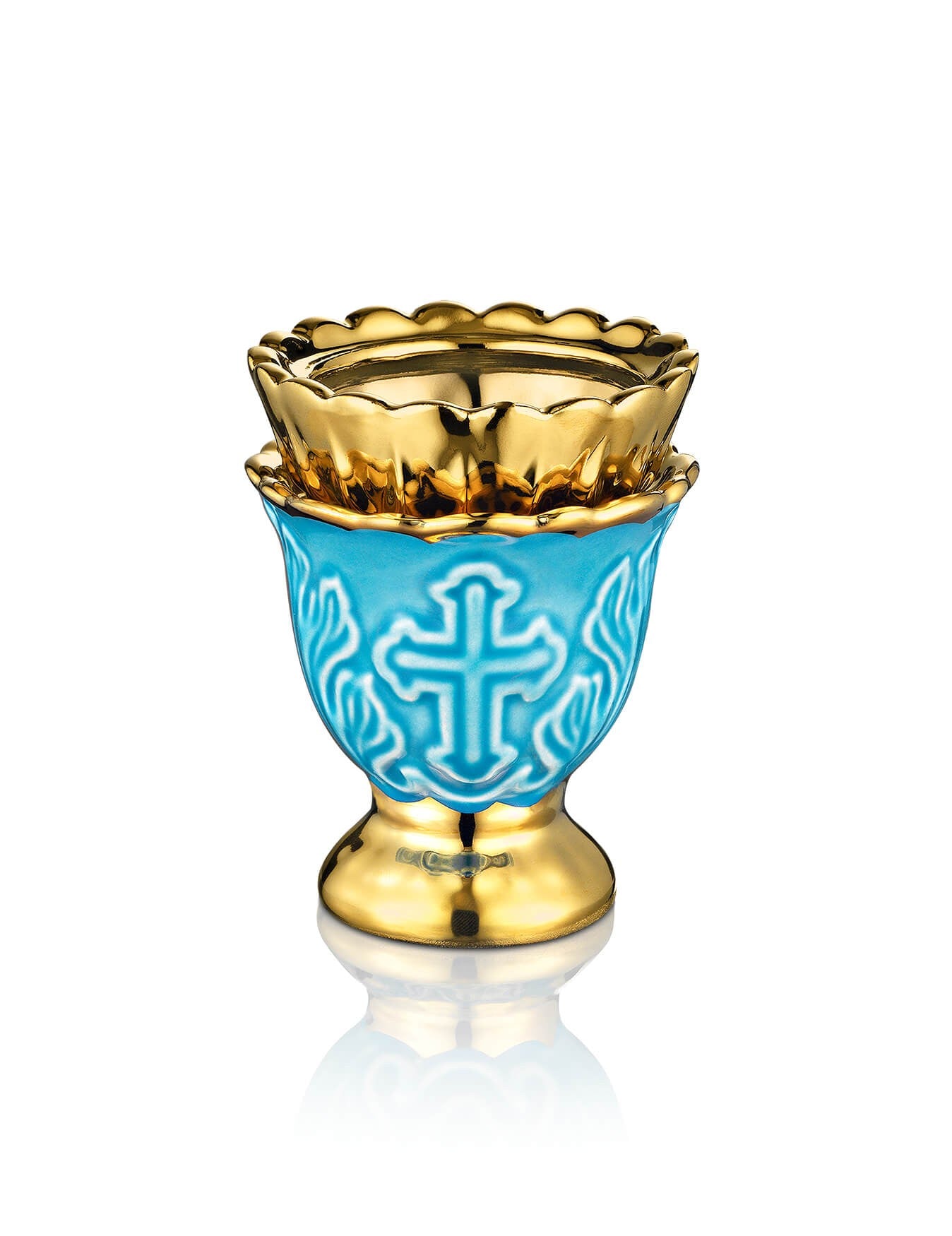 Russian light blue vigil lamp with Cross design – front view | TheHolyArt