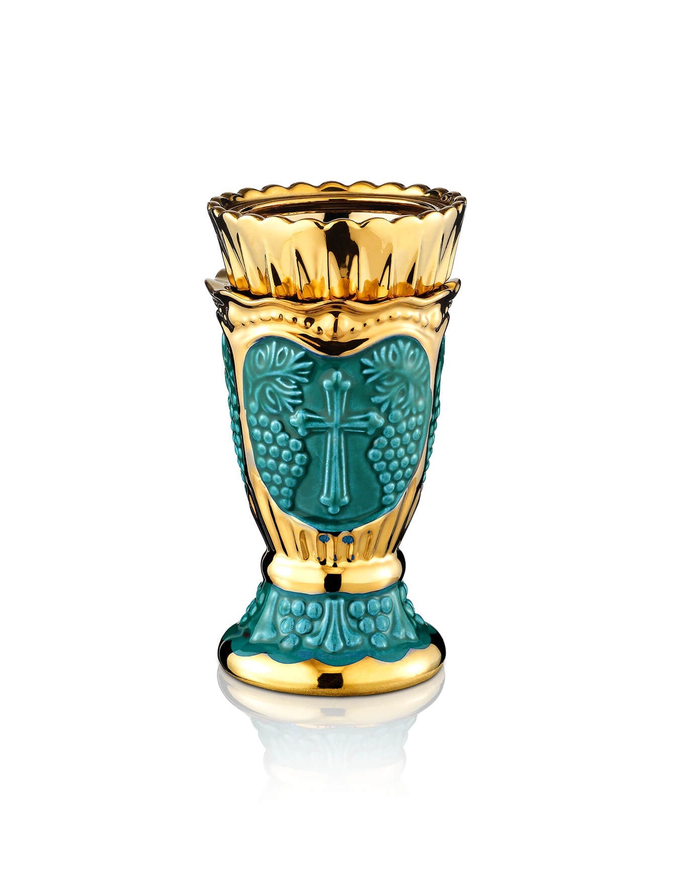 Russian green vigil lamp Carved Cross design – front view | TheHolyArt