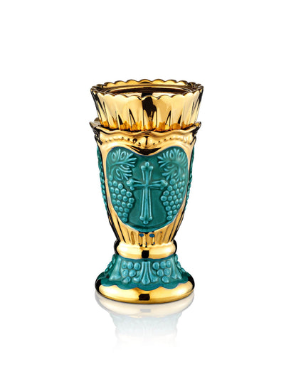 Russian green vigil lamp Carved Cross design – front view | TheHolyArt
