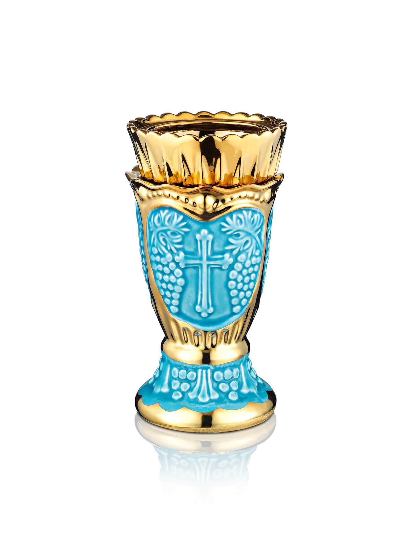 Russian light blue vigil lamp Carved Cross design – front view | TheHolyArt