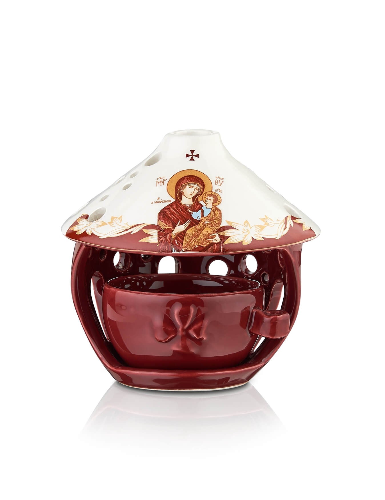 Ceramic burgundy vigil lamp Virgin Mary Dexiokratousa design – front view | TheHolyArt