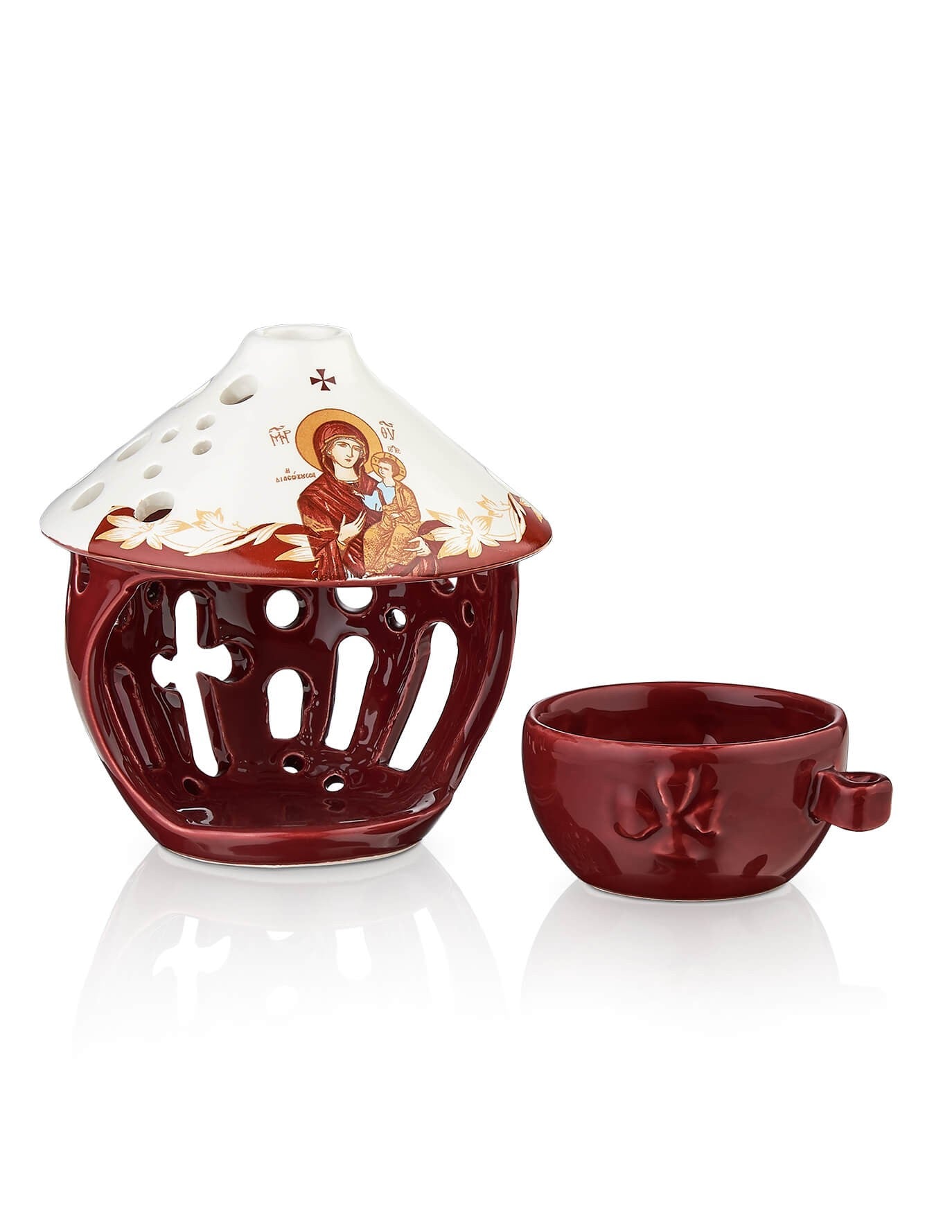 Ceramic burgundy vigil lamp Virgin Mary Dexiokratousa – detail view | TheHolyArt