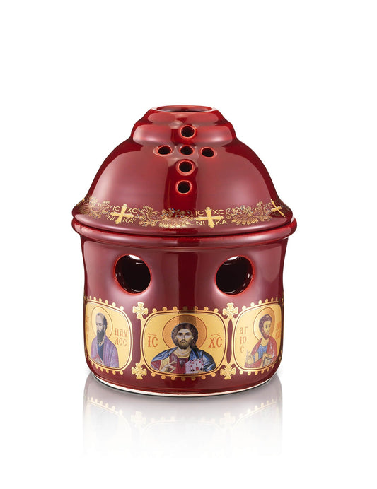 Christian Ceramic Handmade Altar Oil Vigil Lamp with Cross, Gold Printed Prayer Standing Table Oil Lamp Orthodox Oil Candle w/ glass cup religious decor TheHolyArt