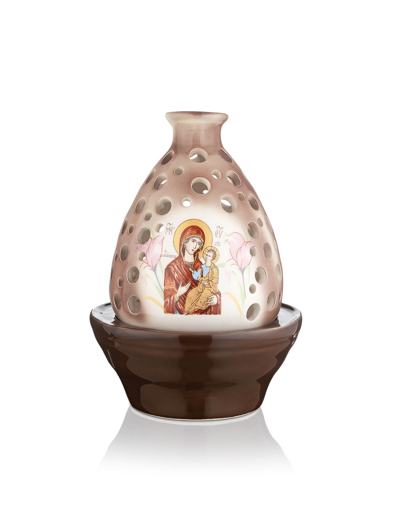 Ceramic two-tone vigil lamp Virgin Mary design – front view | TheHolyArt