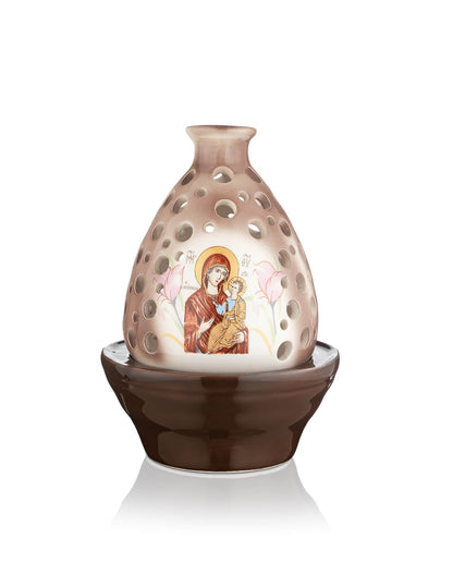 Ceramic two-tone vigil lamp Virgin Mary design – front view | TheHolyArt