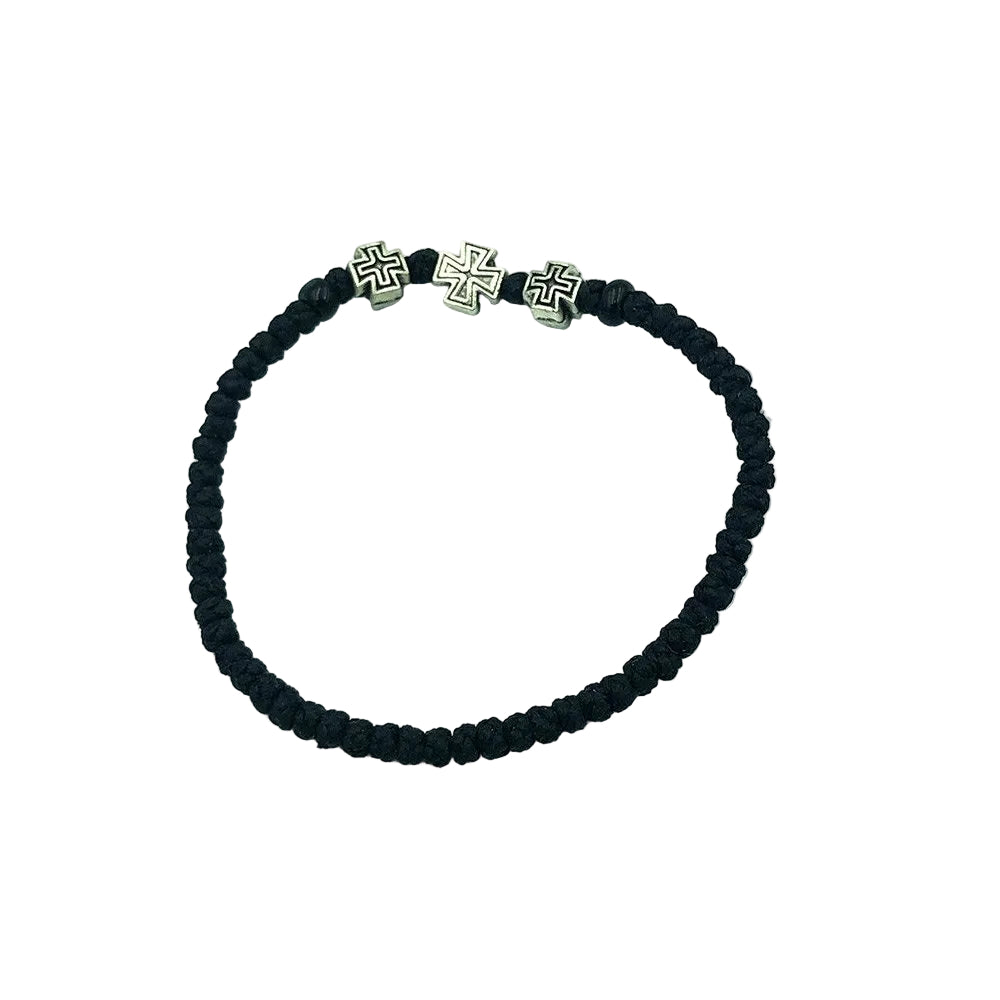 Waxed Prayer Rope Black with Metal Crosses