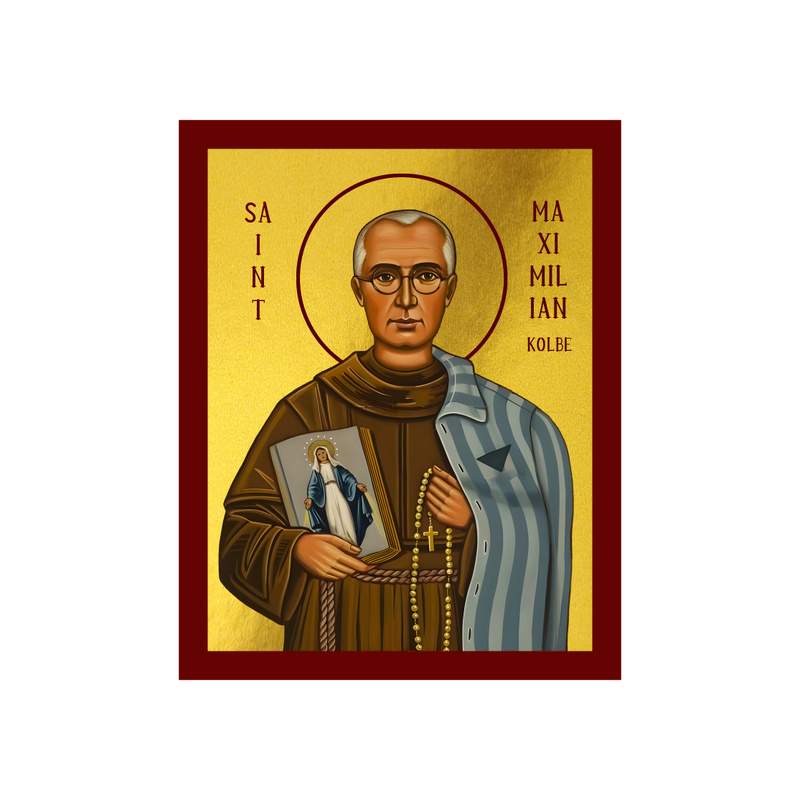 Saint Maximilian Kolbe icon, Handmade Greek Catholic Orthodox icon of St Maximilian Kolbe, Byzantine art wall hanging wood plaque, religious decor