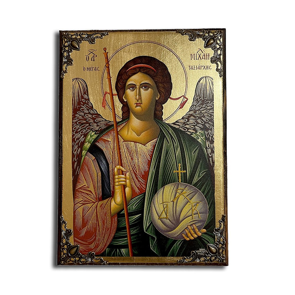 Archangel Michael Greek Orthodox serigraphy icon on wood with metal corners - TheHolyArt