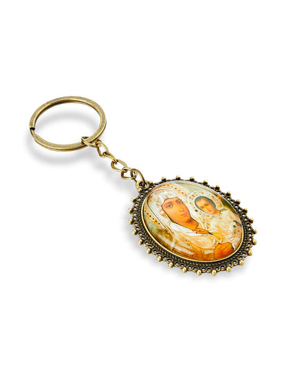Antique enamel keychain with the Virgin Mary of Jerusalem