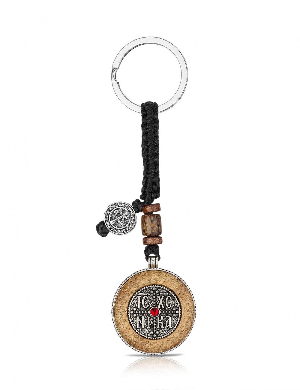 Double-sided wood and metal keychain with cross and IC XC NIKA prayer