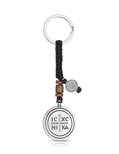 Double-sided wood and metal keychain with cross and IC XC NIKA prayer