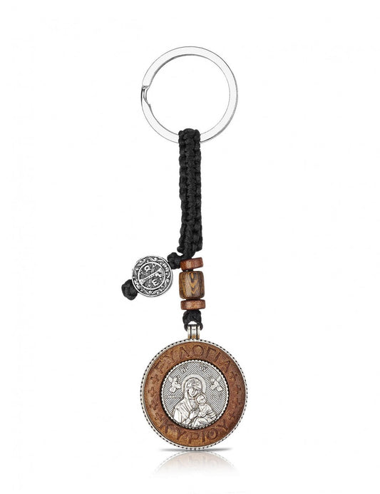 Double-sided wood and metal keychain with the Virgin Mary Amolyntos